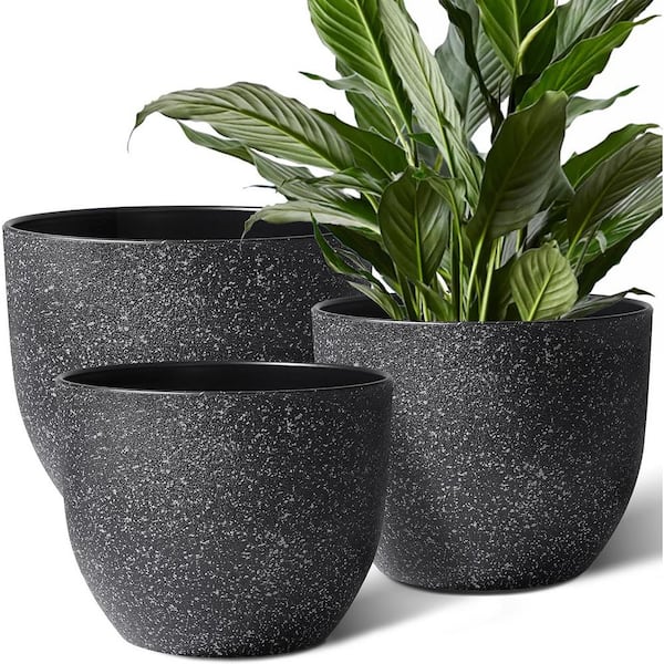 Modern 12 in. L x 7.6 in. W x 12 in. H Speckled Black Plastic Round Indoor Planter (3-Pack)