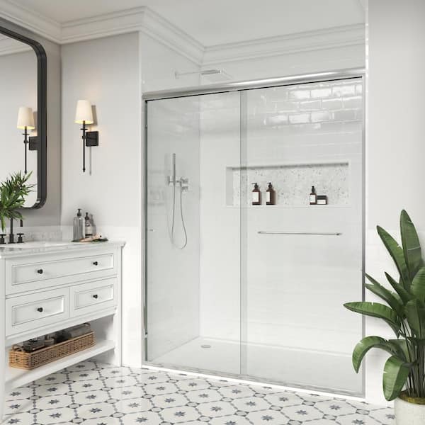48 in. W x 76 in. H Double Sliding Framed Bath Shower Door in Brushed Nickel with Easy-Clean 1/4 in. Glass and Handle