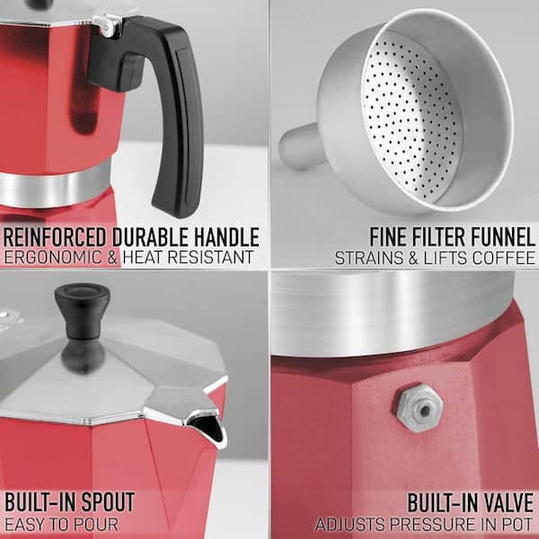 Zulay Kitchen 3-Cup Premium Moka Pot Stovetop Espresso Maker-Red Z
