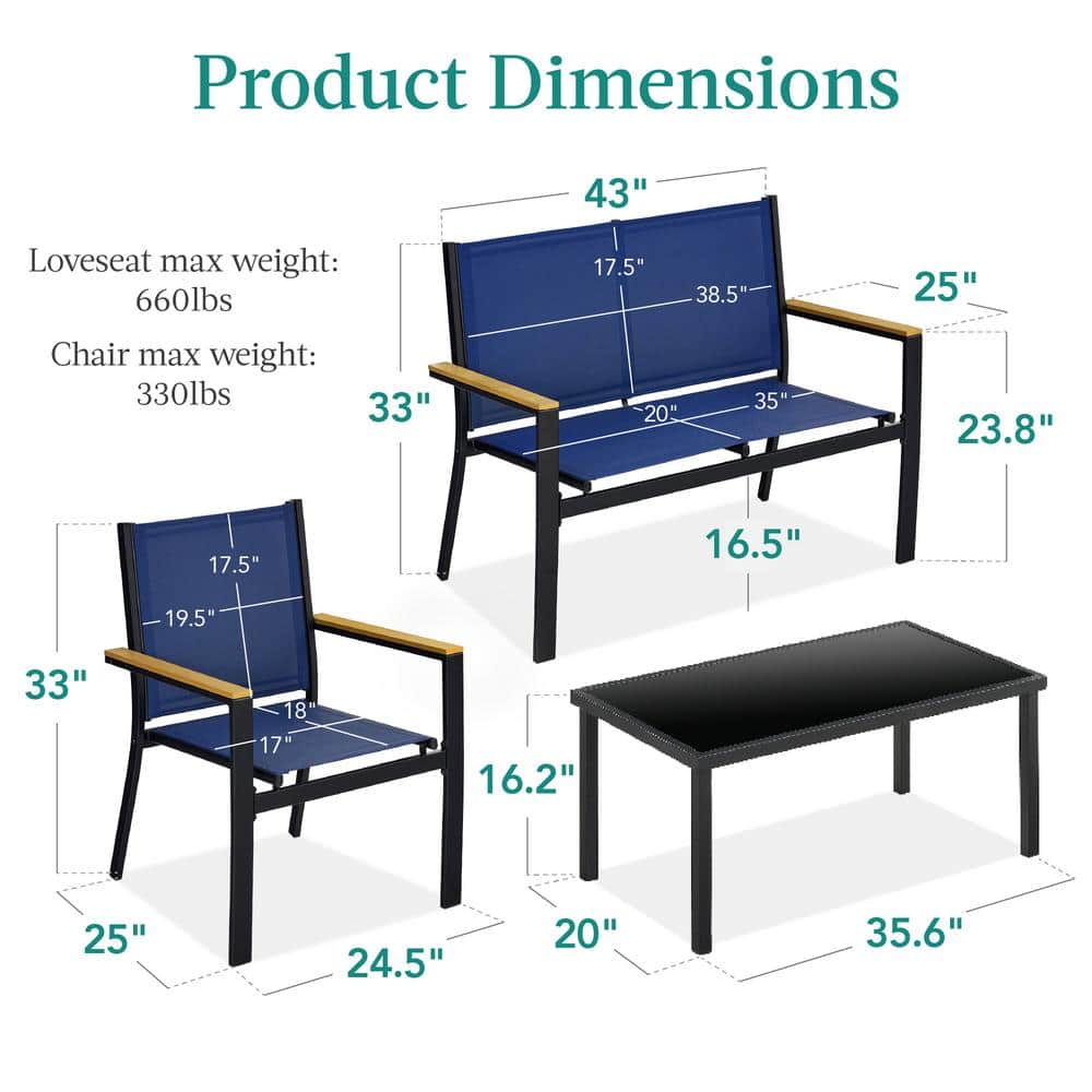 4-Piece Blue Steel Patio Conversation Set with Coffee Table