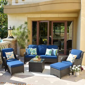 New Kenard Brown 6-Piece Wicker Patio Conversation Set with Blue Cushions