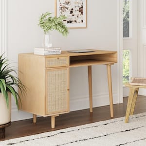 Aaron 30 in. Modern Desk with Storage, Natural Rattan Table with Square Webbing and Gold Accent Knobs, Natural Brown