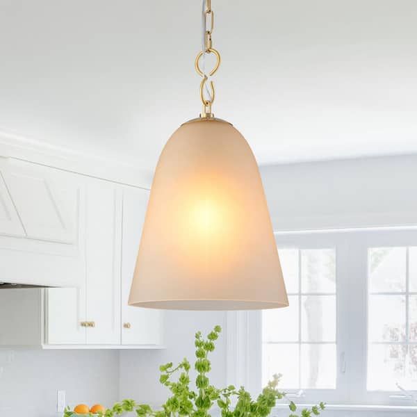 MENCOLULU 11.02 in. 1-Light Modern Gold Bell Shaped Chandelier Hanging Light with Champagne-Colored Glass Shade for Dining Room