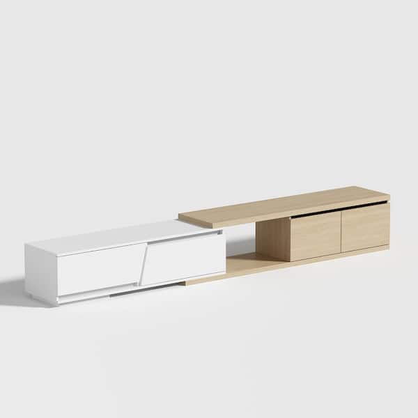 FUFU&GAGA 78.7 in ., Length White & Brown Rectangle Wooden Coffee Table with Extendable Top Surface, Shelves & Drawers