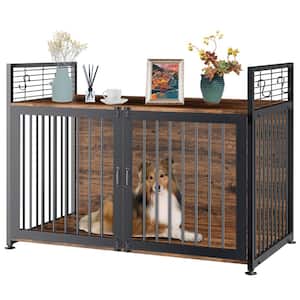 Dog Crate Furniture, 45 in. Wooden Heavy Duty Kennel Metal Mesh Pet Crate End Table for Large/Medium Dog, Chew-Resistant