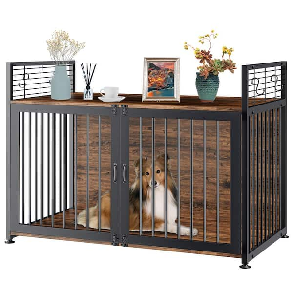 BOZTIY Dog Crate Furniture 45 in. Wooden Heavy Duty Kennel Metal Mesh Pet Crate End Table for Large Medium Dog Chew Resistant I1331400A M The Home Depot