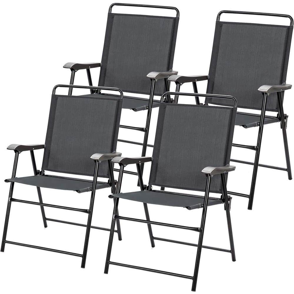 Folding Metal Outdoor Dining Chair in Grey (Set of 4)