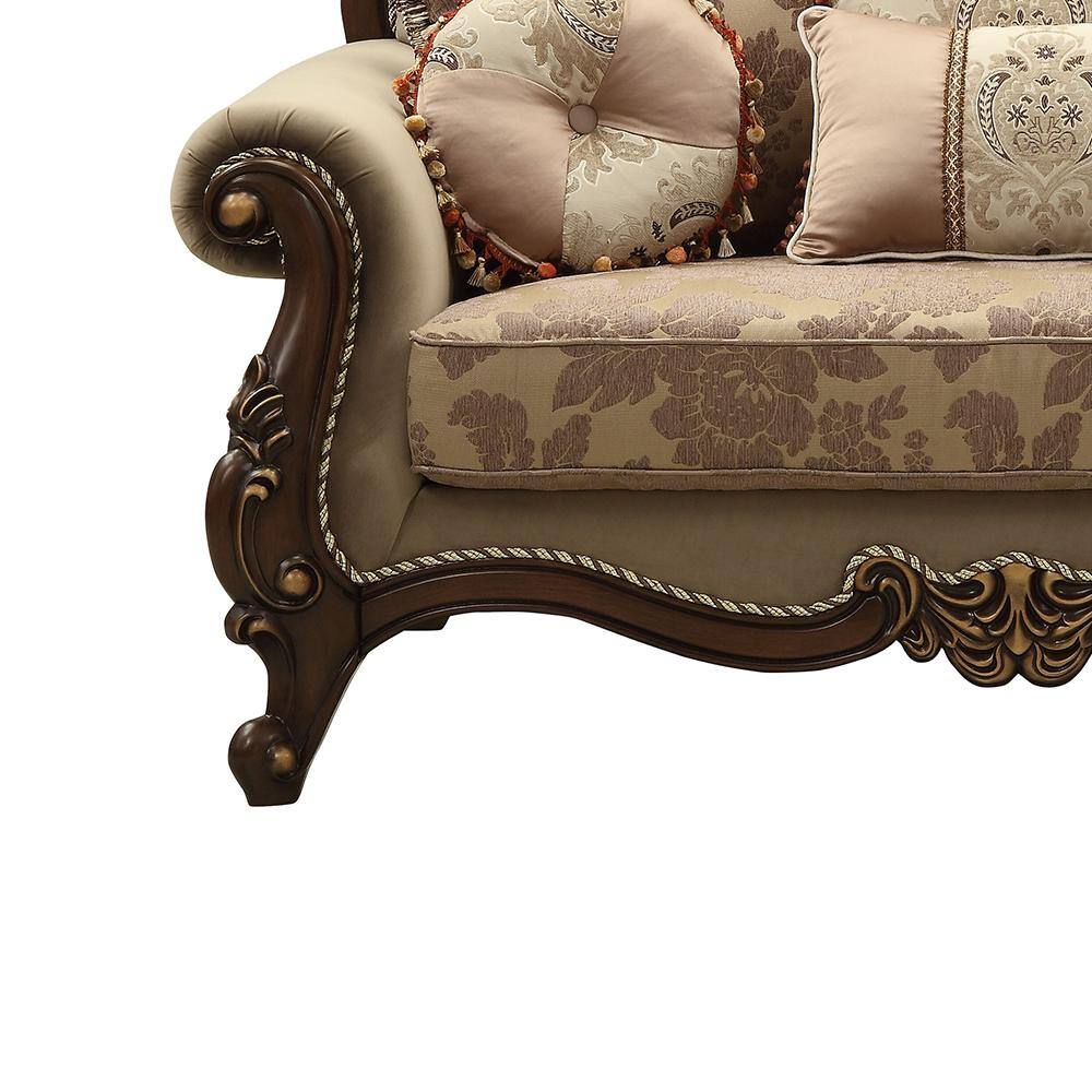 Beige Velvet Floral Rolled Arm Loveseat with Wood Frame