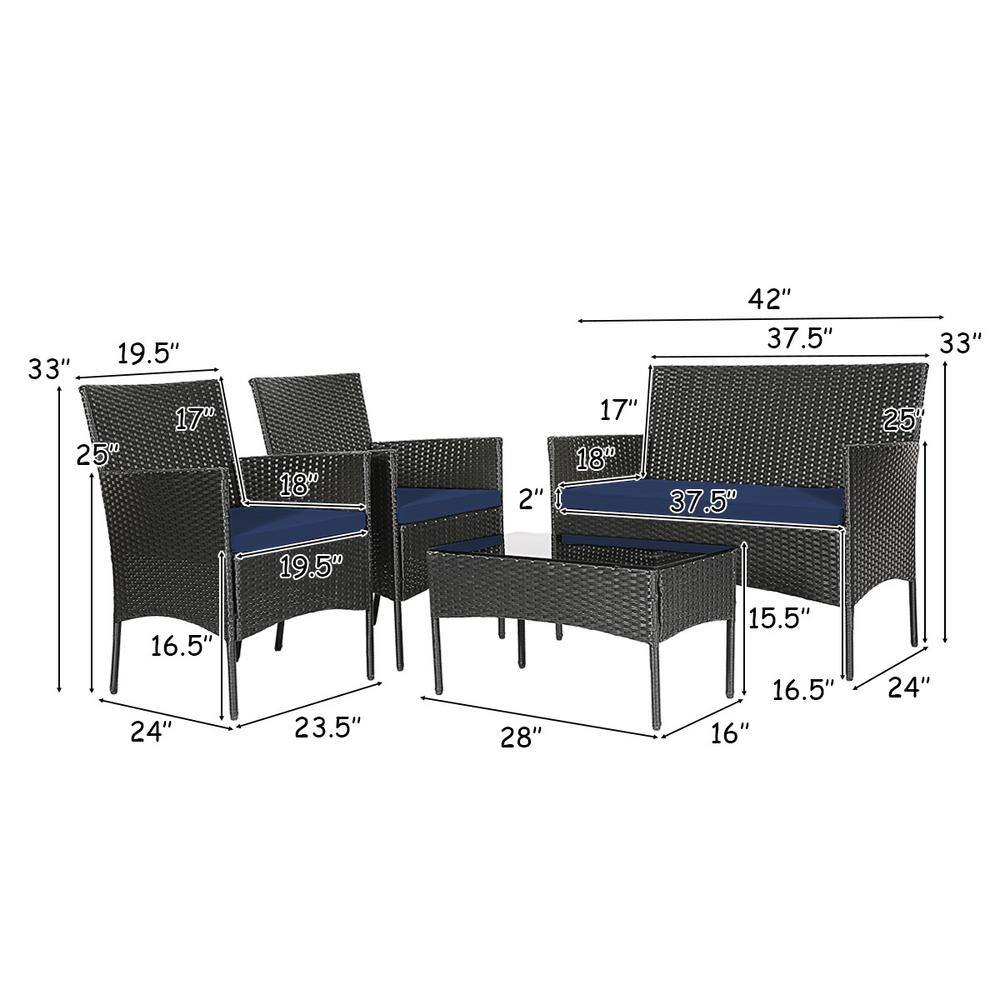 Navy 4-Piece Rattan Outdoor Patio Sofa Set with Cushions and Glass Table