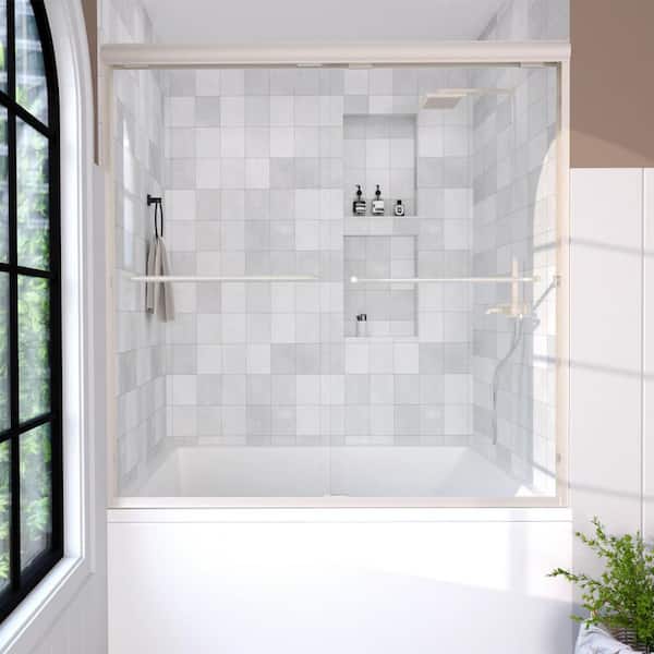 Lntano 60 in. W x 56 in. H Sliding Bath Tub Door in Semi Frameless in Brushed Nickel with Clear Glass
