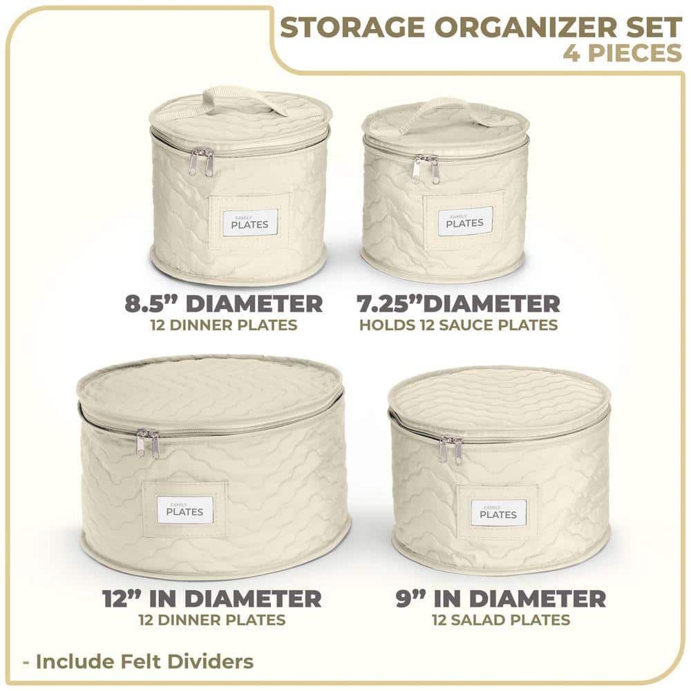 Beige Quilted Fabric Stackable Lidded Plate Storage Set
