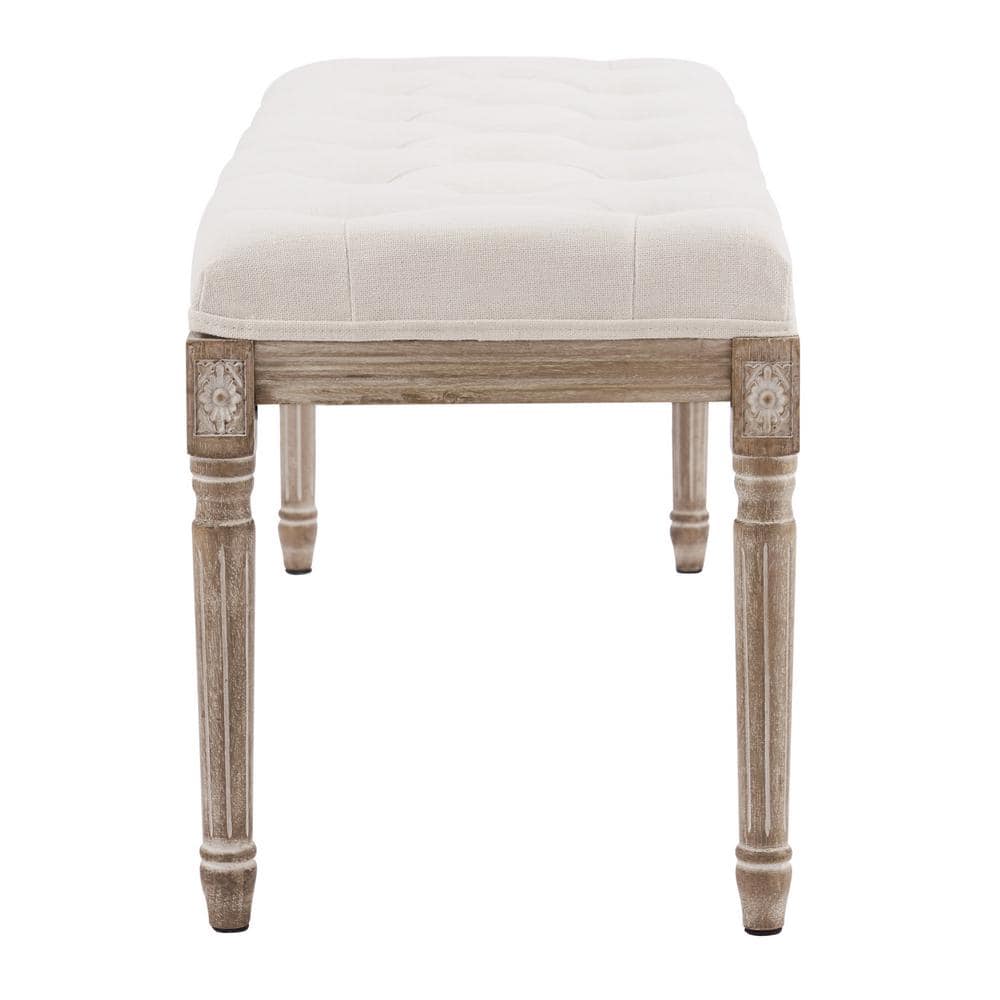 Beige French Vintage Upholstered Bench with Carved Wood Frame