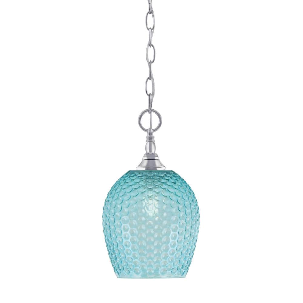 Elva 100-Watt 1-Light Chrome Shaded Pendant Light with 7.5 in. Turquoise Gl