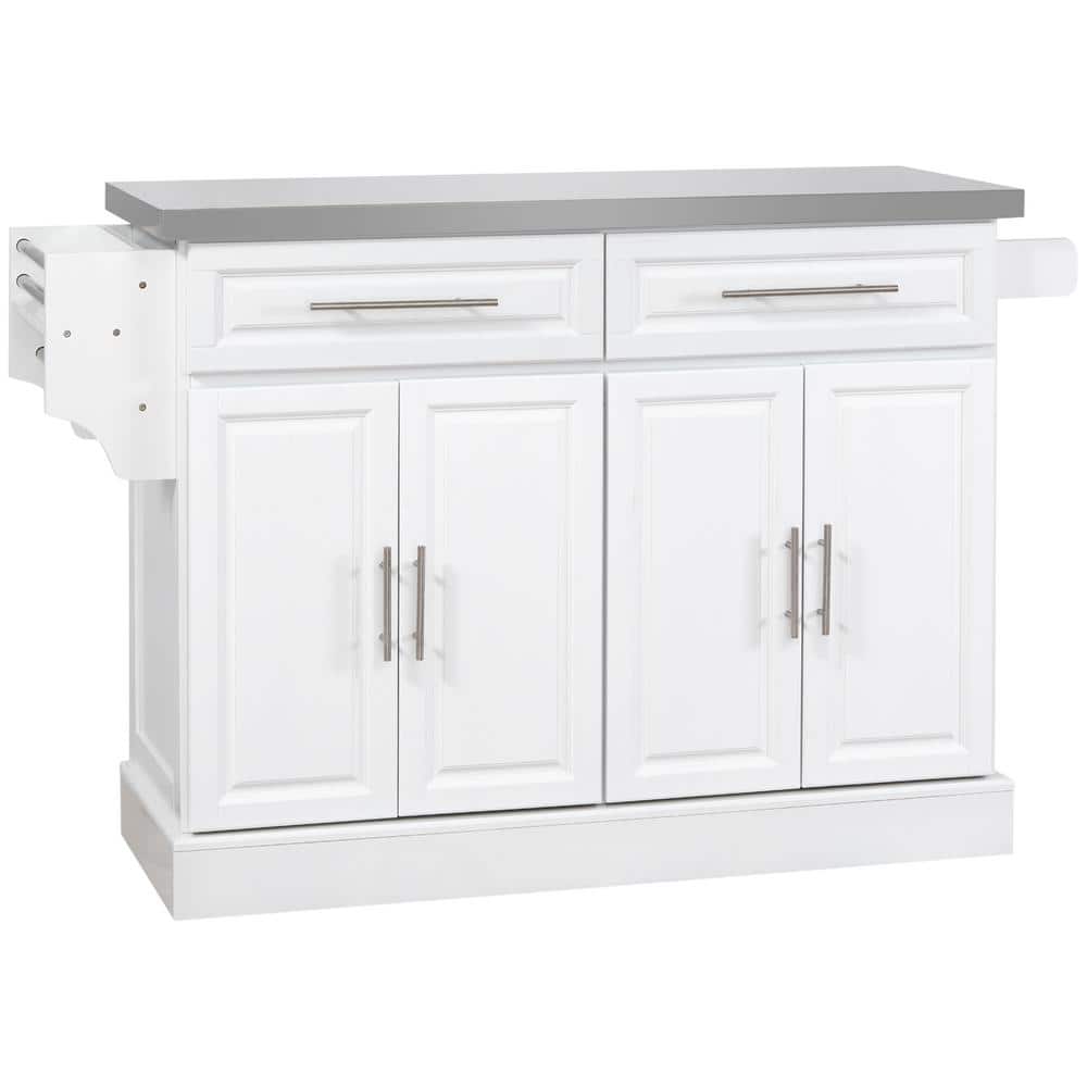 White Wood 57 in. Kitchen Island with Stainless Steel Top, 2-Drawers, Spice