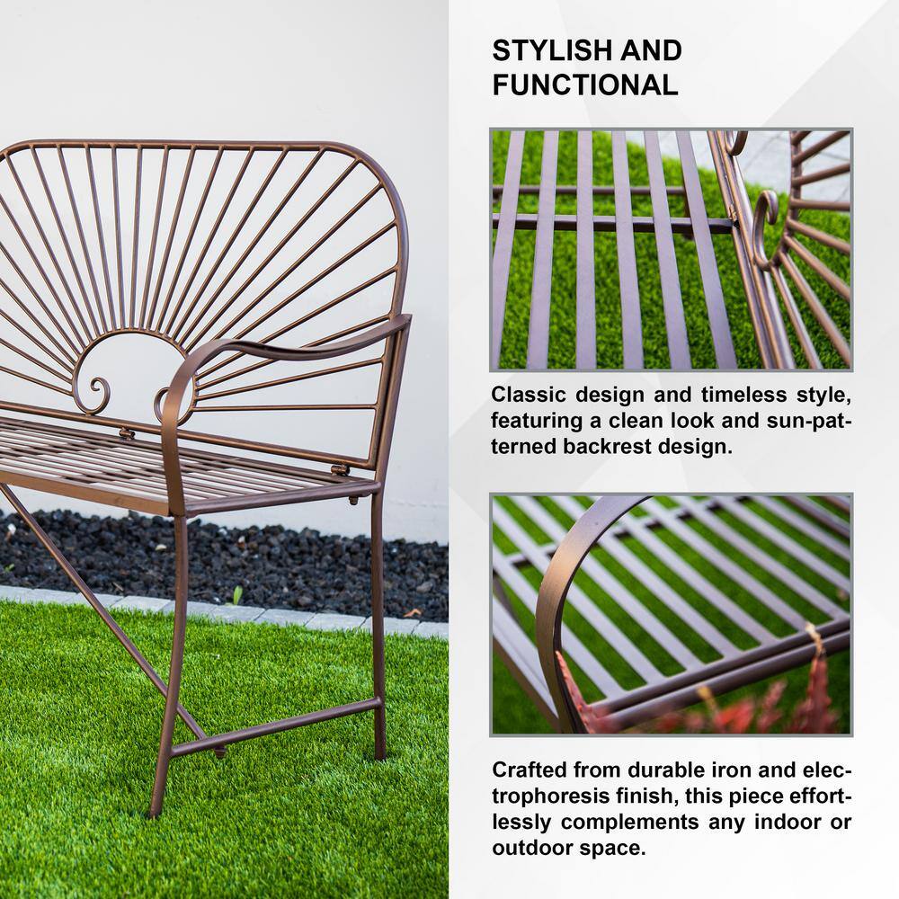 44-Inch Brown Iron Sun-Patterned Garden Bench