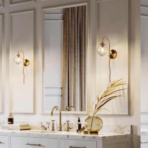 Modern 6 in. 1-Light Brass Wall Sconce with Smoky Grey Blown Glass Globe Contemporary Damp-rated Bathroom Vanity Light