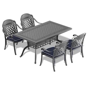 Isabella 5-Piece Cast Aluminum Outdoor Dining Set with 59.05 in. x 35.43 in. Rectangular Table and Random Color Cushions