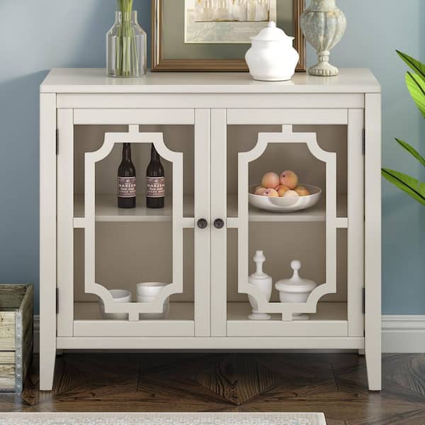 Tileon 33.8 in. W x 14.9 in. D x 30.1 in. H in White MDF Ready to Assemble Floor Kitchen Cabinet with Glass Doors