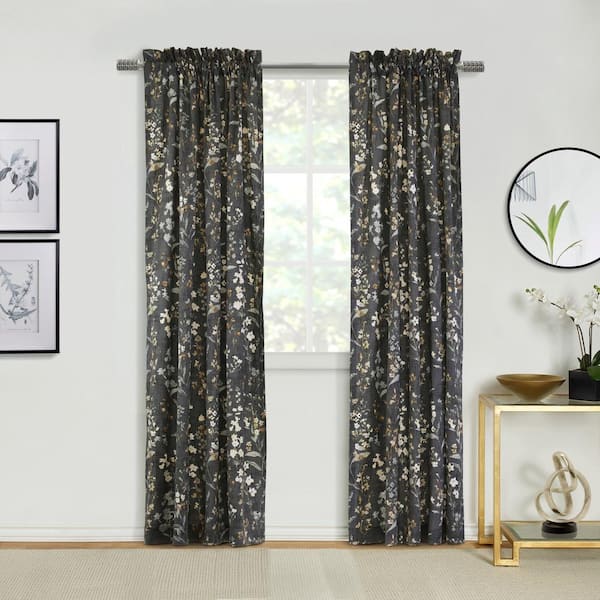 Habitat Rockport Dark Grey 50 in. W x 84 in. L Pole Top Light Filtering Curtain Pair with Matching Tiebacks Each Panel