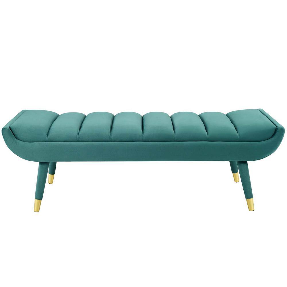 Teal Velvet Channel Tufted Accent Bench with Gold Legs