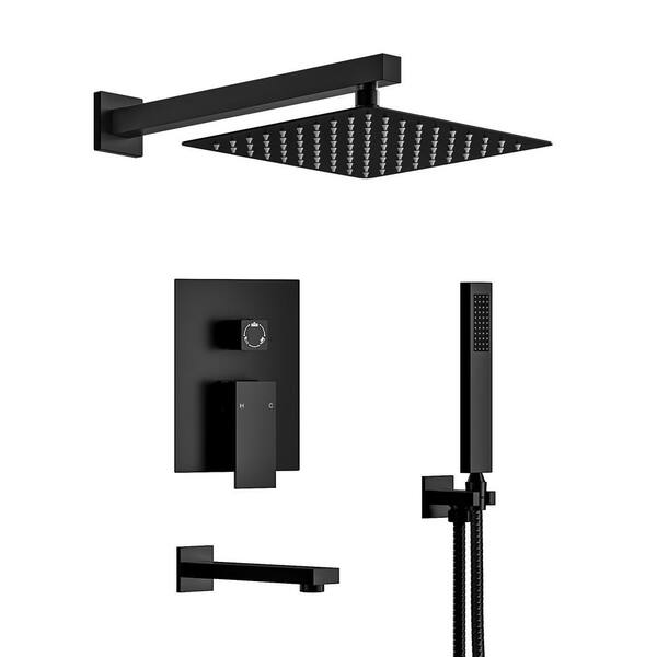 Double Handles 3-Spray 10 in. Wall Mount Shower Head Tub and Shower Faucet in Matte Black (Valve Included)