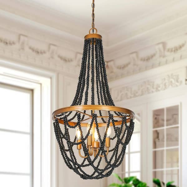 4-Light Antique Gold Chandelier with Black Wood Beads