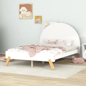 White Wooden Full Size Platform Bed with Curved Headboard and Shelf Behind Headboard