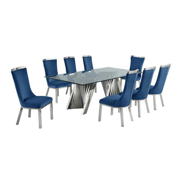 Best Quality Furniture Becky 9-Piece Rectangular Glass Top With Stainless Steel Base Table Set With 8 Navy Blue Velvet Side Chairs