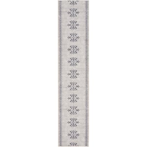 57 Grand Machine Washable Ivory/Charcoal 2 ft. x 10 ft. Center Medallion Contemporary Runner Area Rug