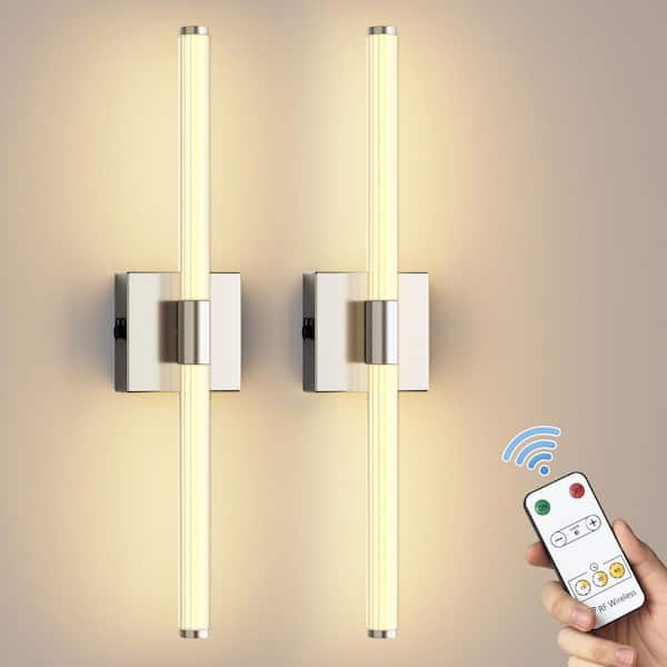 24 in. Nickel 1-Light LED Wall Sconce Set of 2, Rechargeable Vanity Light Bar for Living Room, Bathroom