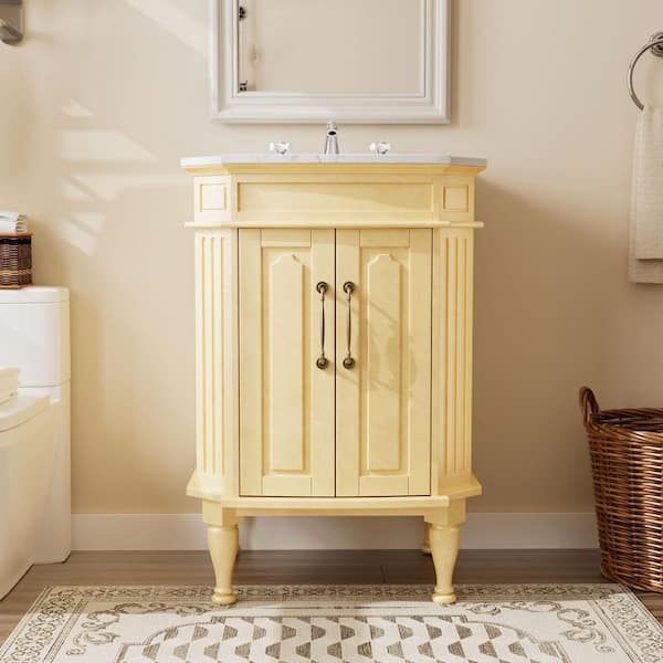24 in. Yellow Wood Single Sink Freestanding Bathroom Vanity with White Marble Top (Assembled)