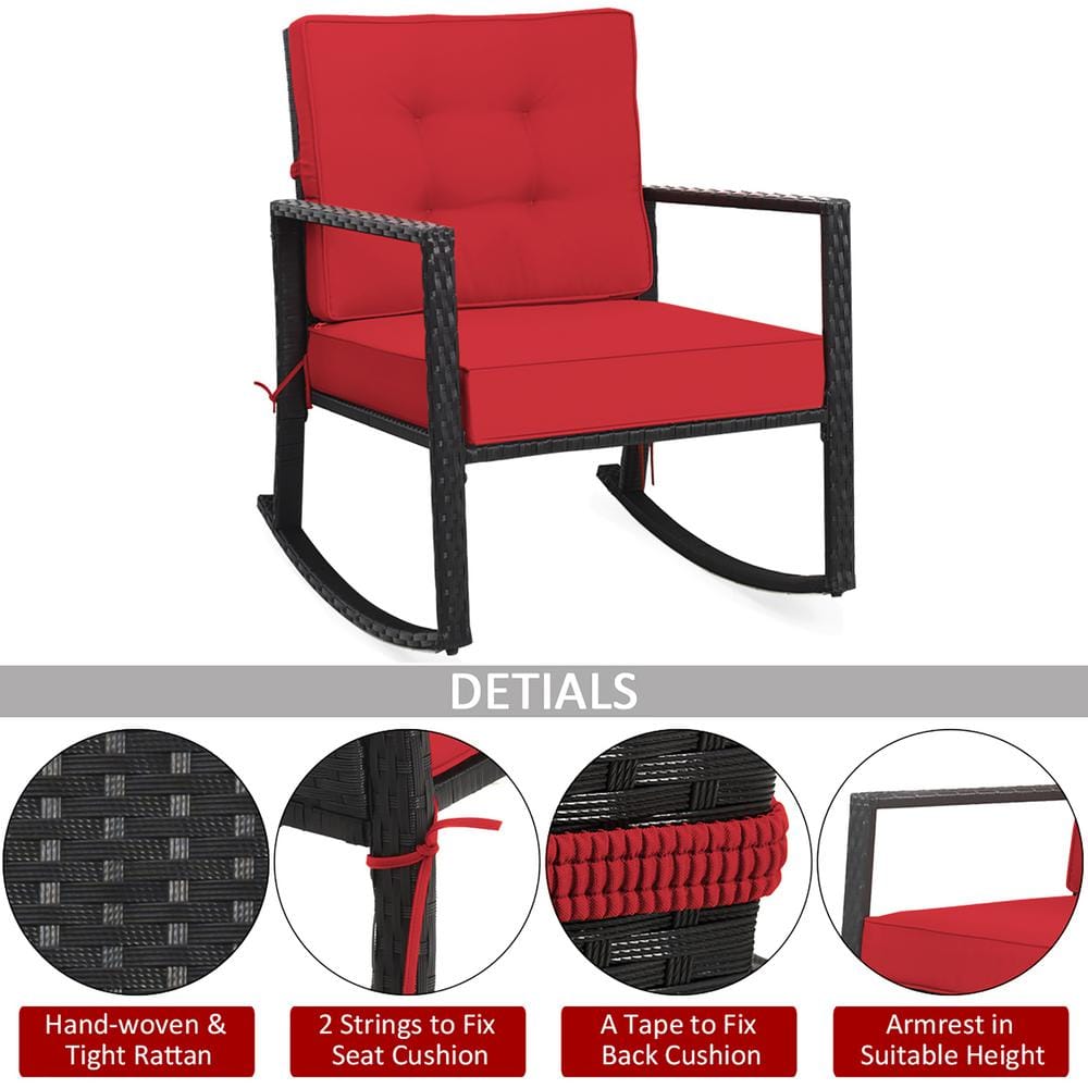 Red Cushioned Black Iron Outdoor Rocking Armchair Set