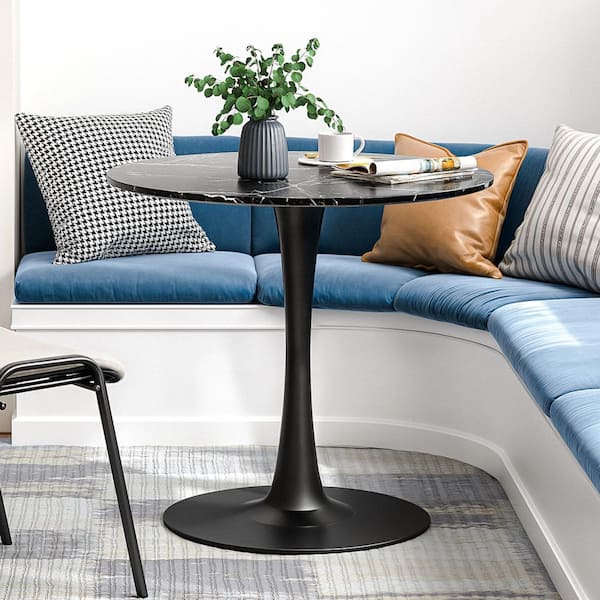 31.5 in. Round Black MDF Artificial Marble Veneer Top with Strong Tulip Style Metal Pedestal Base (Seats 2-4)