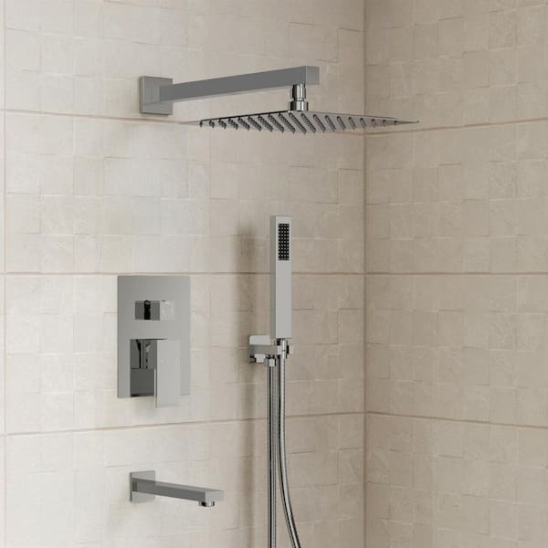 Pressure Balance Single Handle 3-Spray Wall Mount 10 in. Tub and Shower Faucet 2.5 GPM in Polished Chrome Valve Included