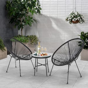Black 3-Piece Metal Outdoor Bistro Set with Side Table Flexible Rope