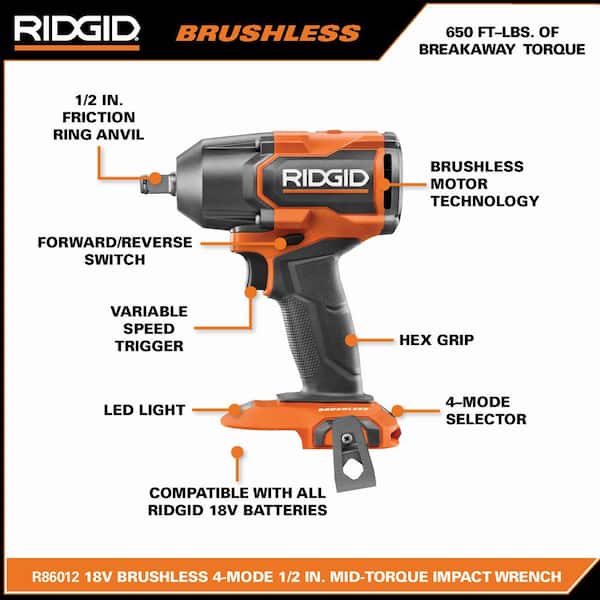 RIDGID R86012B 18V Brushless Cordless 4-Mode 1/2 in. Mid-Torque Impact Wrench with Friction Ring (Tool Only) - 3
