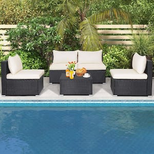 5-Piece PE Rattan Patio Conversation Set with White Cushions and Coffee Table