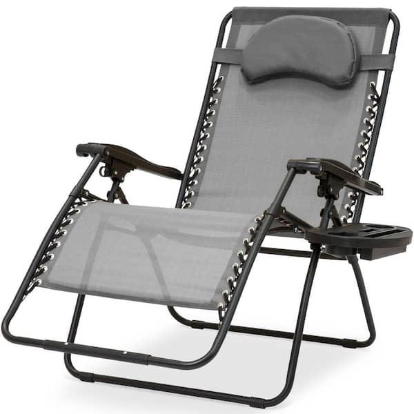 Unbranded Metal Outdoor Chaise Lounge in Gray with Cup Holder and Pillow