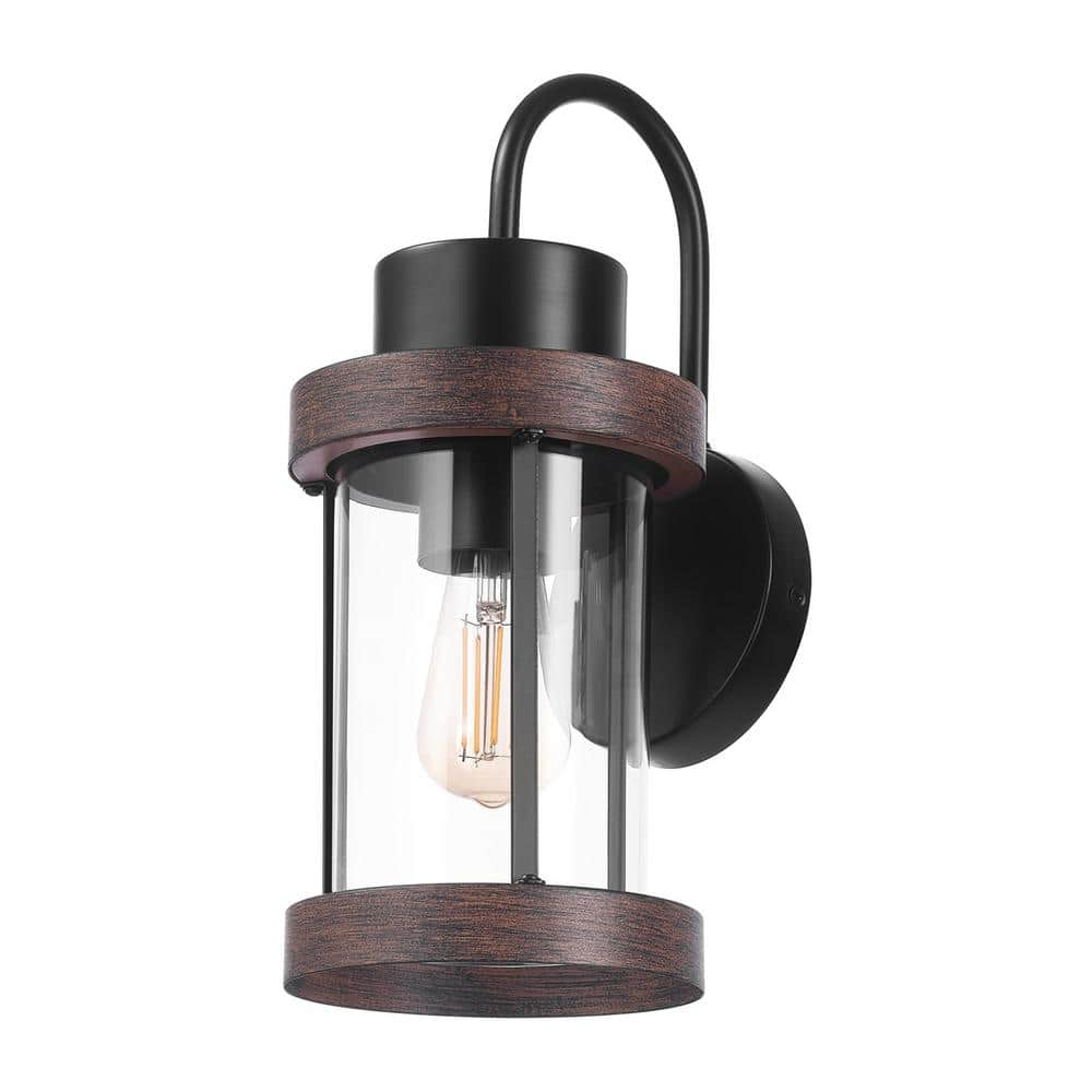 Globe Electric 1-Light Matte Black Outdoor Hardwired Wall Sconce with Clear Glass Shade and Faux Wood Accents