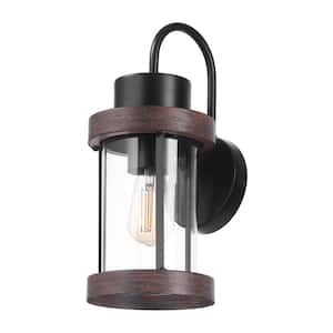 1-Light Matte Black Outdoor Hardwired Wall Sconce with Clear Glass Shade and Faux Wood Accents
