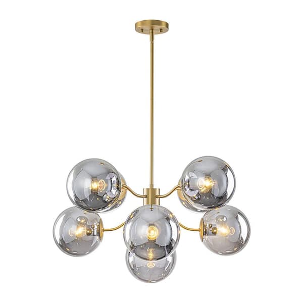 HUOKU Carla 9-Light 27.6 in.W Brushed Brass Smoked Glass Globe