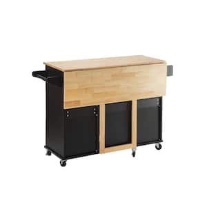 Black Rubber Wood Table Top Material 53.93  in.. Kitchen Island with Extensible Table Top, adjustable Shelf, 3-Drawers