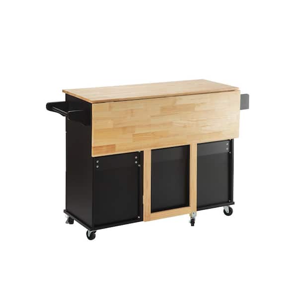 Black Rubber Wood Table Top Material 53.93 in.. Kitchen Island with Extensible Table Top, adjustable Shelf, 3-Drawers