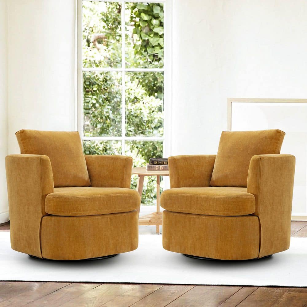 LUE BONA 32 in. W Mustard Chenille Swivel Accent Barrel Chair