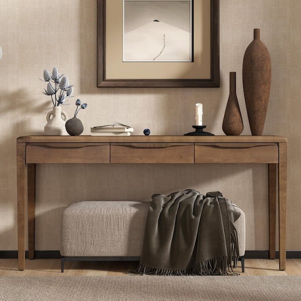59.84 in. Brown Rectangle Oak Veneer and MDF Console Table with Rounded Corners, 3 Drawers and Handles