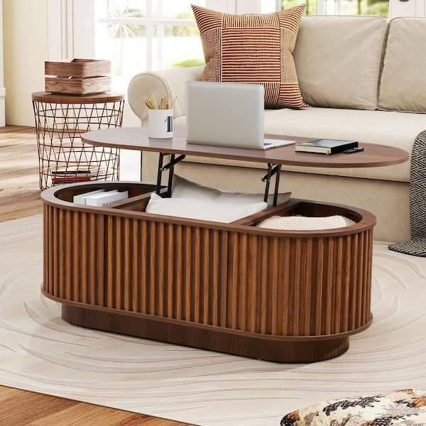 Square Strips Surround 43.3 in. Walnut Oval MDF Sofa/ Coffee Table with Adjustable Height