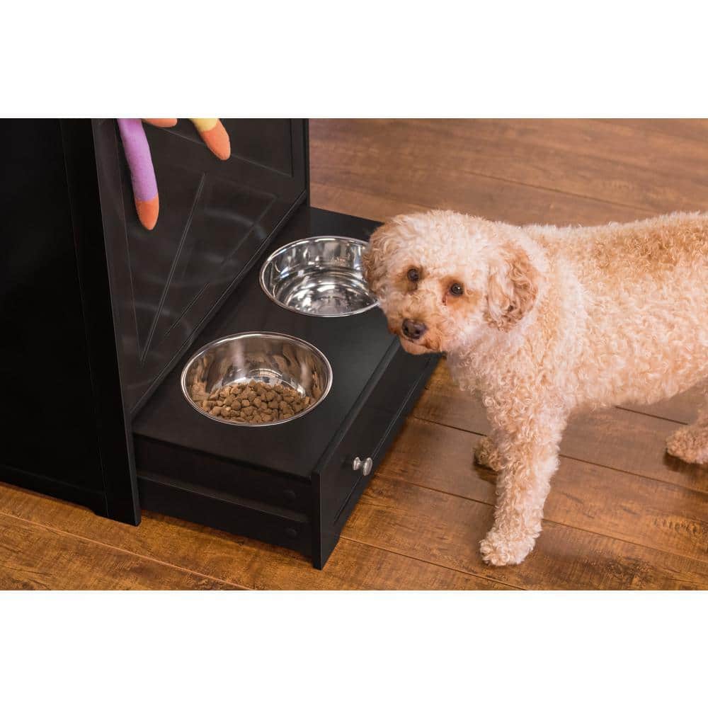Elevated Black Stainless Steel Pet Feeder with Storage
