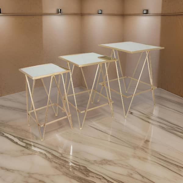 Benjara 25 in. Gold Square Glass Plant Stand with 1-Tier (Set of 3)