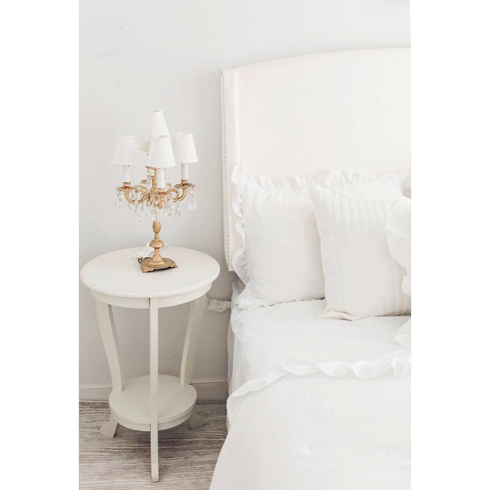 Transitional Round Wood & Stone Pedestal Side Table in Distressed Cream
