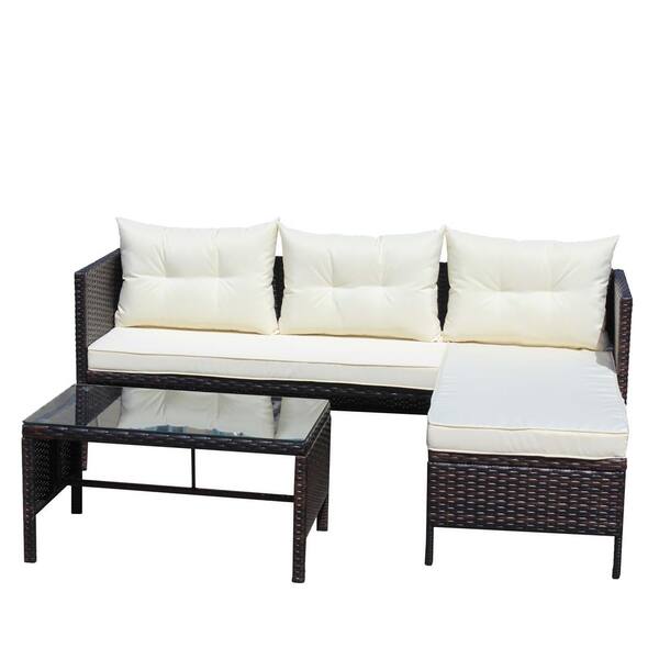 Angel Sar 3-Piece Brown Wicker Patio Conversation Set with Beige Cushion and Tea table